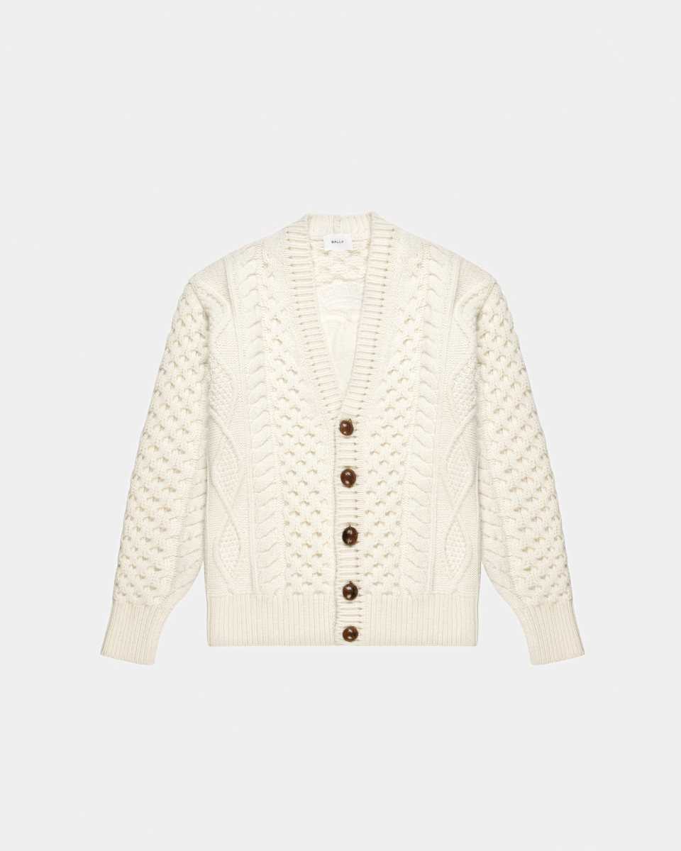 Bally Knitted V-Neck Cable Knit Cardigan White | EHTFG2956